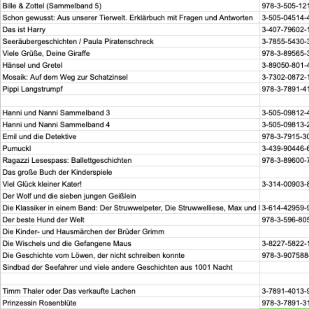 Screenshot eines Tabellenblatts mit 24 Buchtiteln und teilweise sichtbaren ISBN