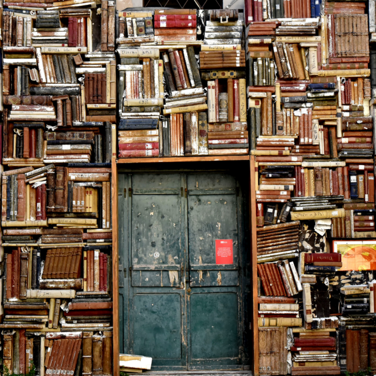 Wand mit Büchern, in der Mitte ist eine grüne Metalltür.