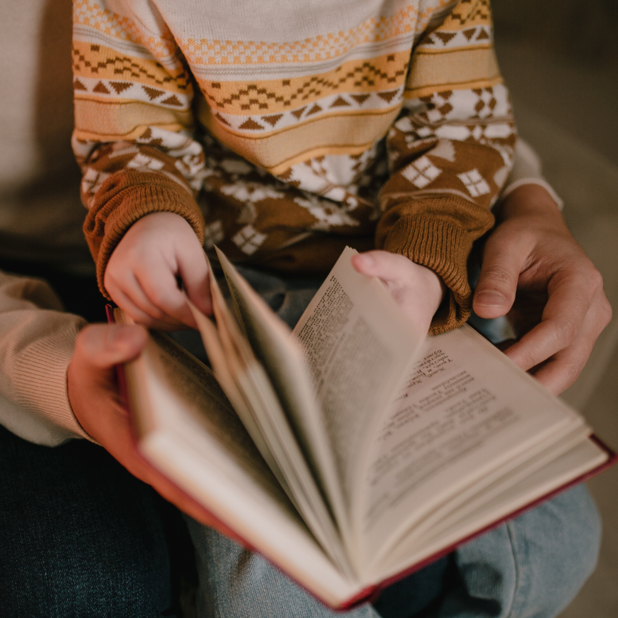 Auf dem Bild ist eine erwachsene Person zu sehen, die ein Kind auf dem Schoss hat. Beide halten zusammen ein geöffnetes Buch in den Händen.