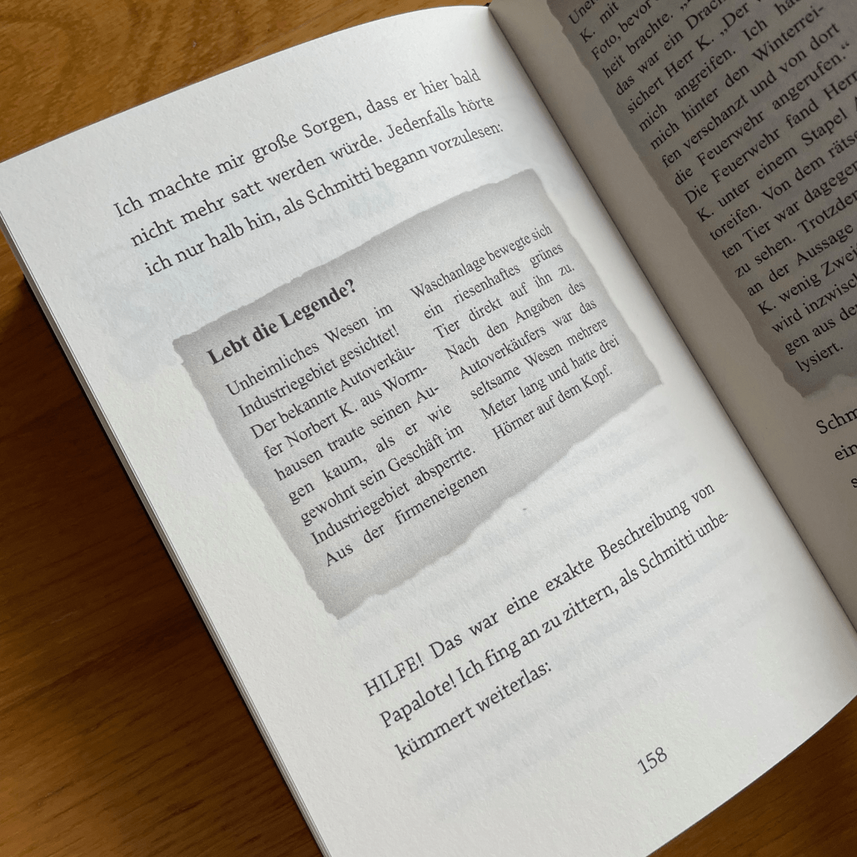 Das Buch "Weck niemals einen Drachen" liegt mit einer Innenseite nach oben zeigend auf einer Unterlage aus Holz. Auf der Buchseite ist neben dem Text ein Bild eines Zeitungsausschnitts zu sehen.