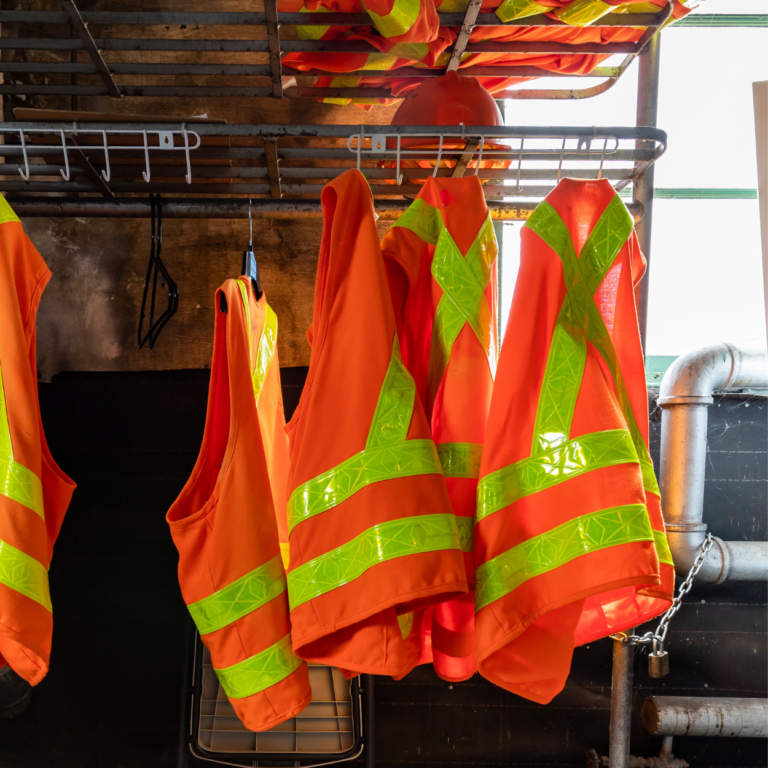 fünf orangene Warnwesten hängen an Haken. Im Hintergrund ist durch Rohre und eine zusammengestellte Leiter ein Industriegebäude zu erahnen