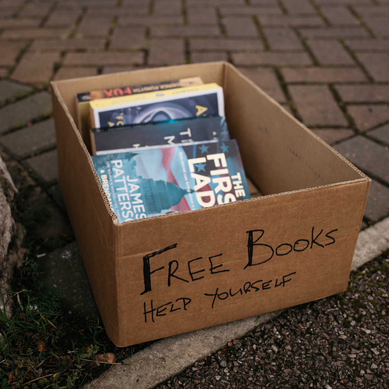 braune Kiste mit Büchern steht auf einer Straße; auf der Kiste steht "Free Books"